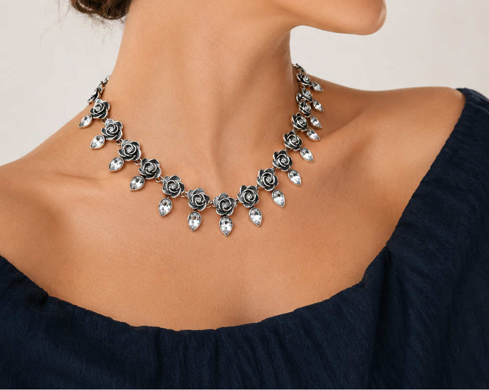 Full-blown rose and classic Swarovski crystal teardrop necklace- 40cm plus extender