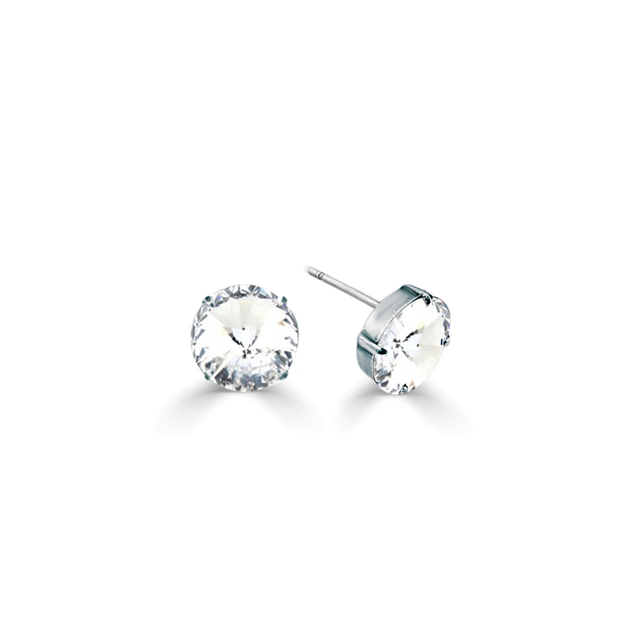 A pair of round-cut clear crystal stud earrings set in silver-tone metal, shown from two angles on a clean white background.