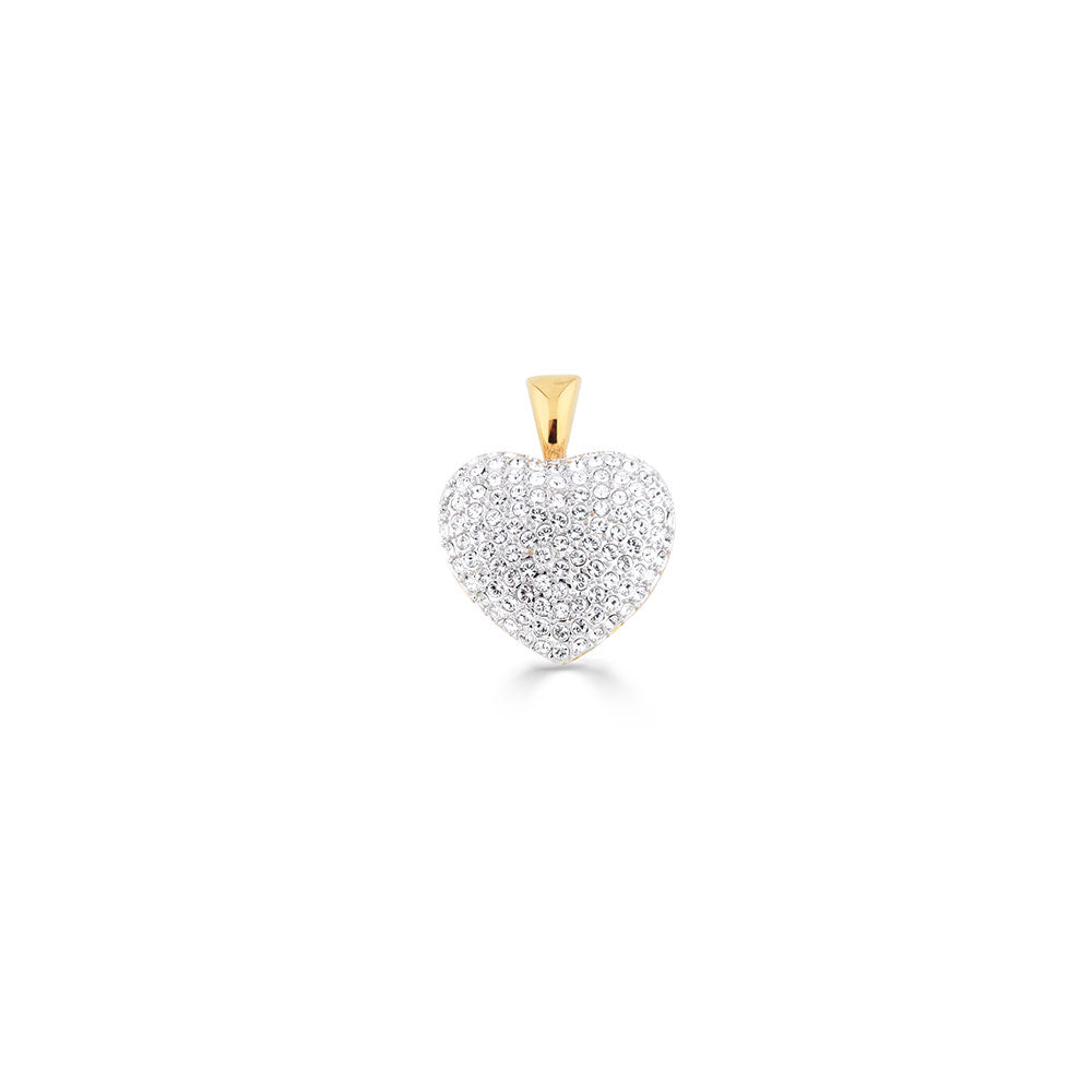 Heart-shaped diamond pendant with gold setting, covered in dazzling white crystals on a white background