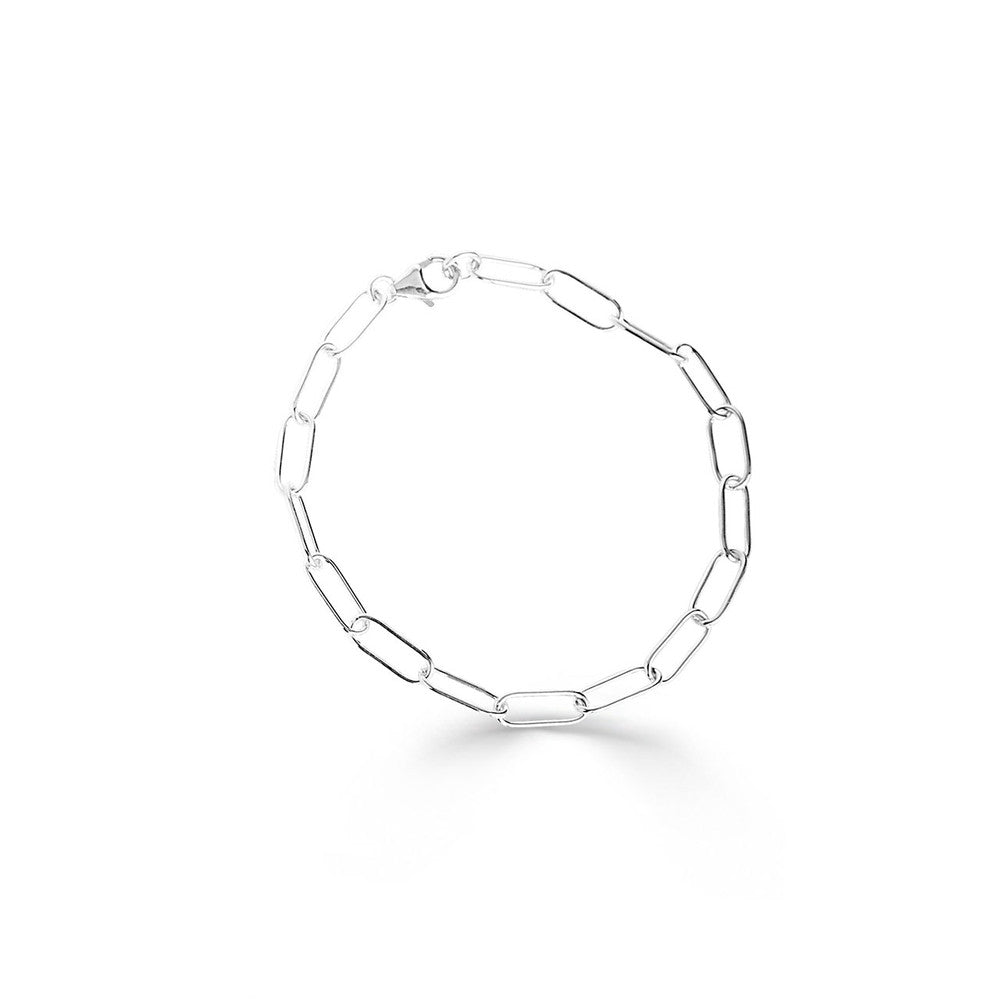 A sterling silver paperclip bracelet with a length of 21cm, displayed against a white background.