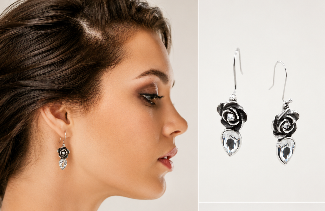 Full-blown rose and classic Swarovski crystal teardrop French wire earrings.