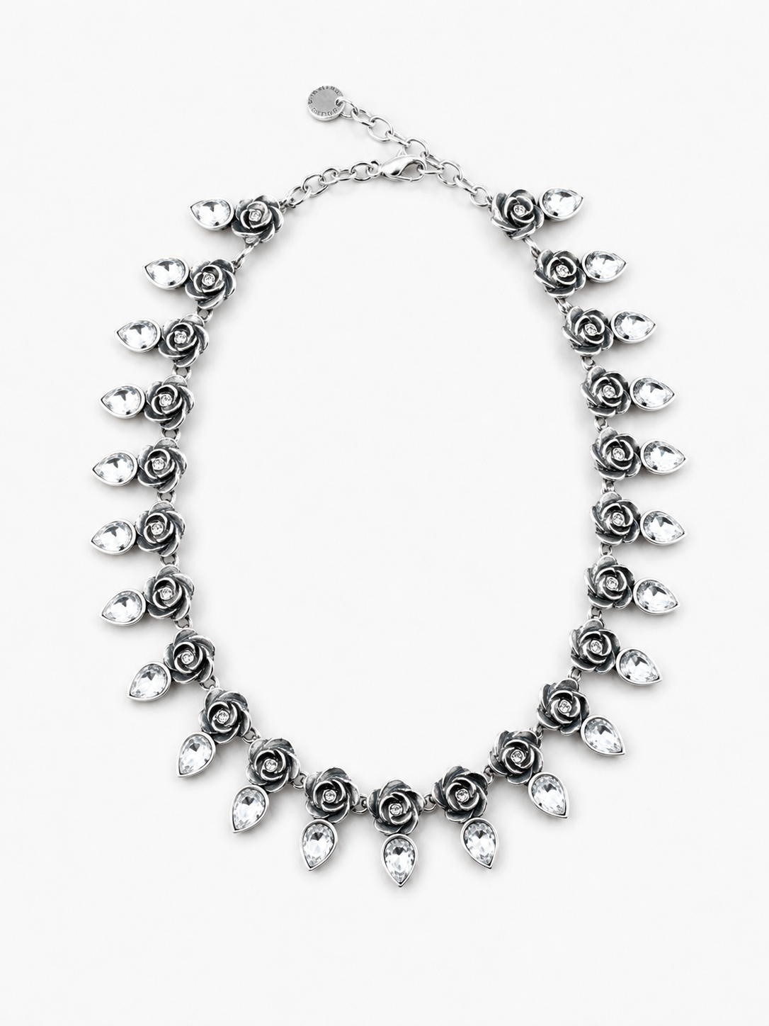 Full-blown rose and classic Swarovski crystal teardrop necklace- 40cm plus extender