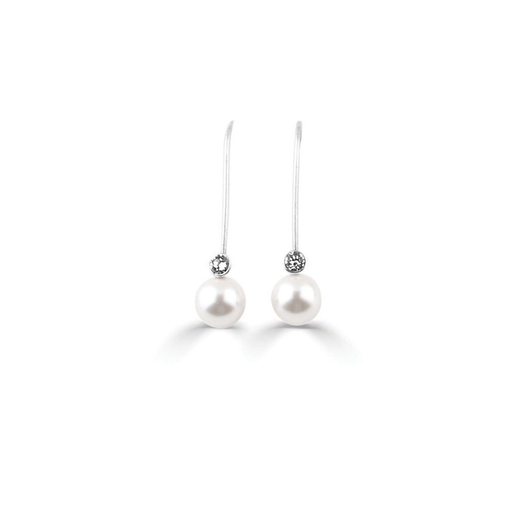 Pearl thread earrings with small crystals on a white background.