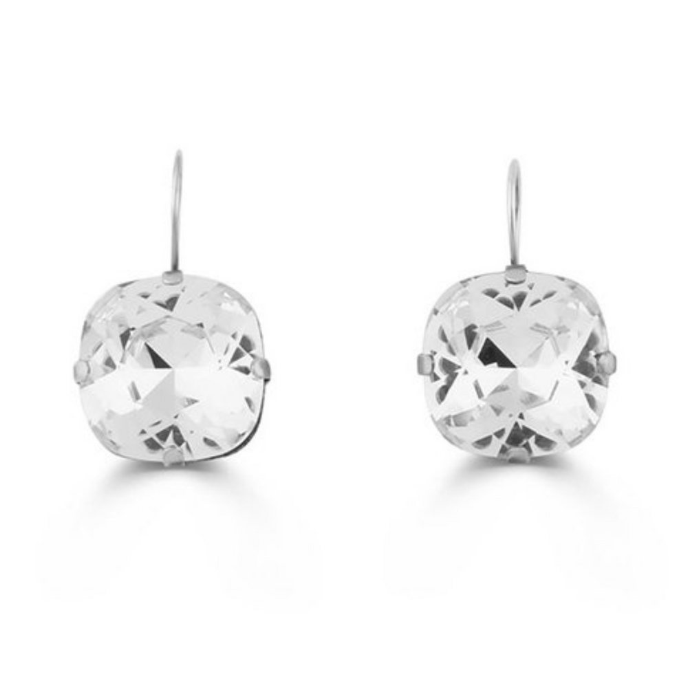 A pair of silver Crystal Premier Drop earrings with cushion-cut clear crystals attached to lever back clasps.