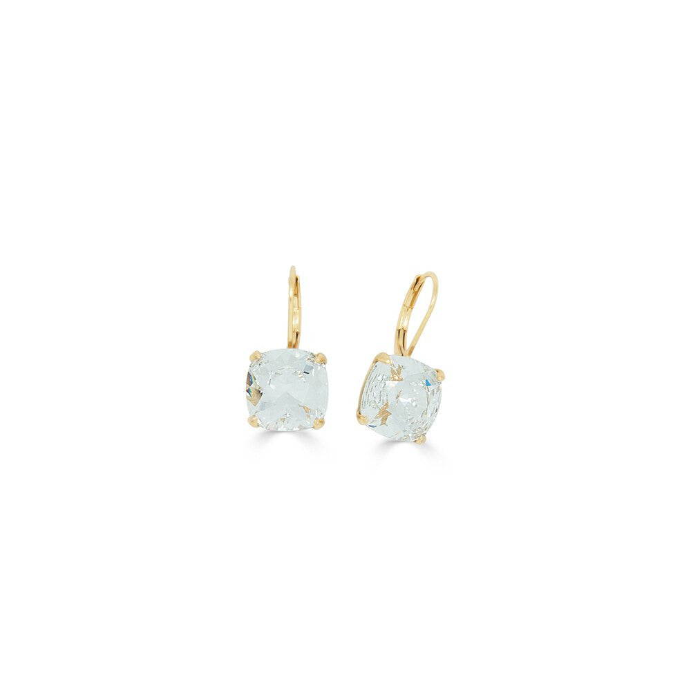A pair of 18ct gold-plated crystal cushion earrings with lever back fastening on a white background.