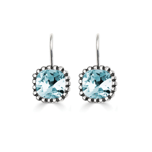 A pair of silver hook earrings set with 10mm light azure Swarovski crystal cushions on a white background.