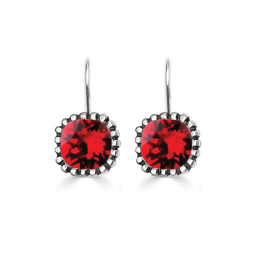 A pair of silver hook earrings with a red Swarovski crystal cushion centerpiece, crafted in a minimalistic style.