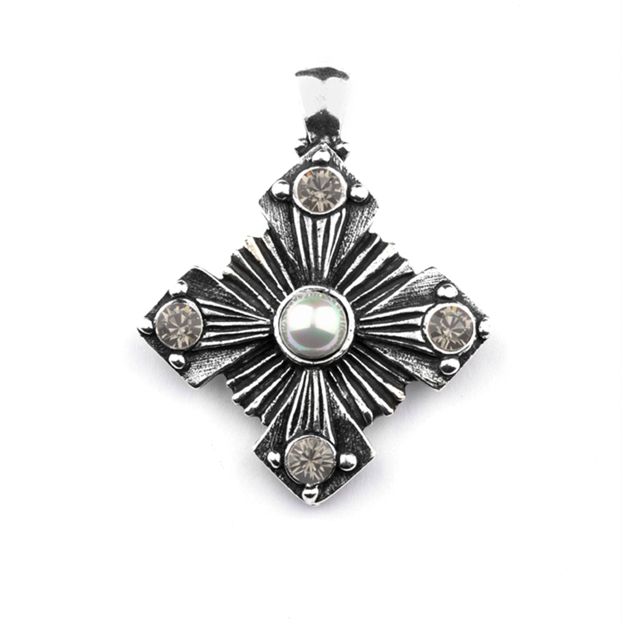Silver pendant with central pearl, with a celestial twist and each arm of the cross is accented with soft champagne, embedded stones on a white background