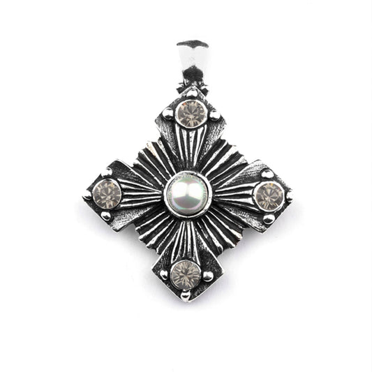 Silver pendant with central pearl, with a celestial twist and each arm of the cross is accented with soft champagne, embedded stones on a white background