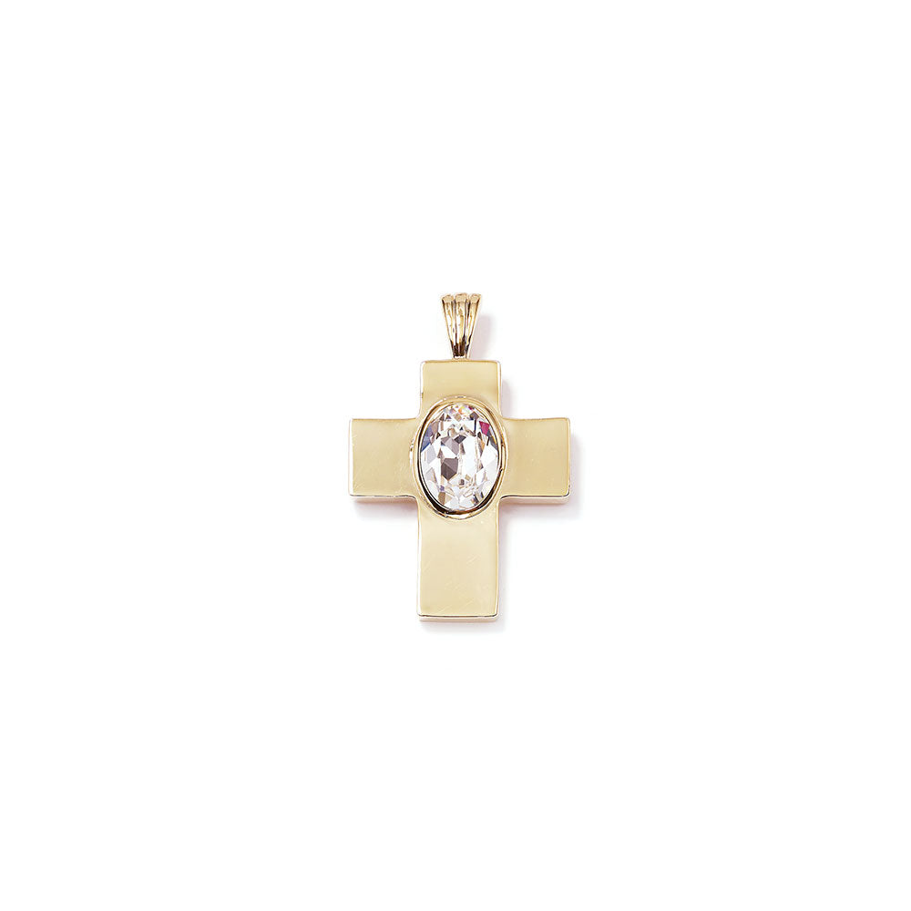 Gold cross pendant with a central gemstone on a white background