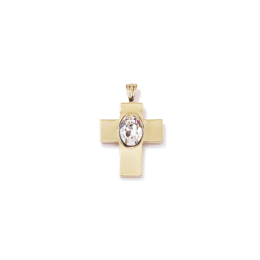 Gold cross pendant with a central gemstone on a white background