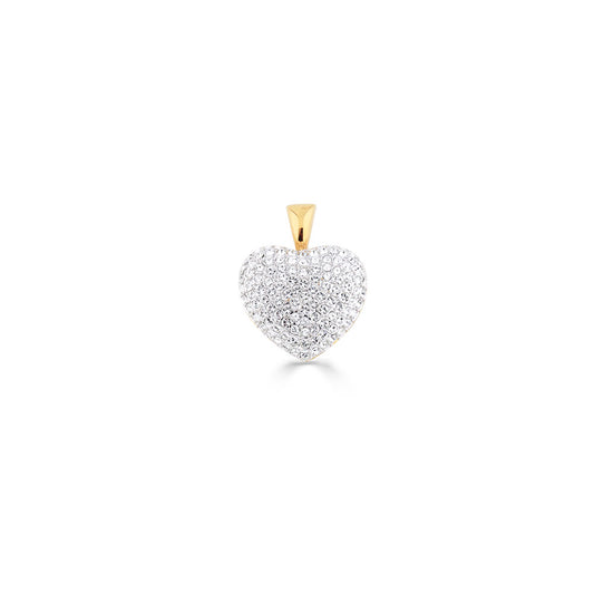 Heart-shaped diamond pendant with gold setting, covered in dazzling white crystals on a white background