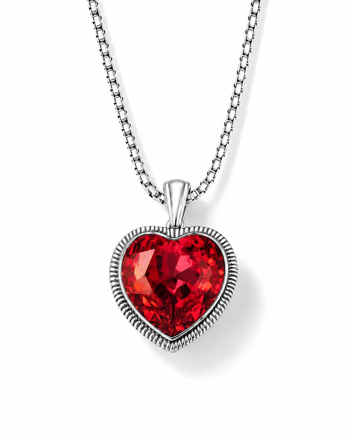 A heart-shaped red ruby gemstone pendant necklace in a textured silver bezel setting on a silver chain, photographed against a clean white background.