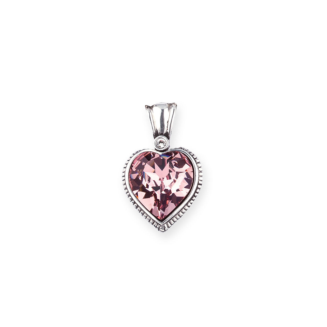 Heart-shaped pendant with pink gemstone on a white background