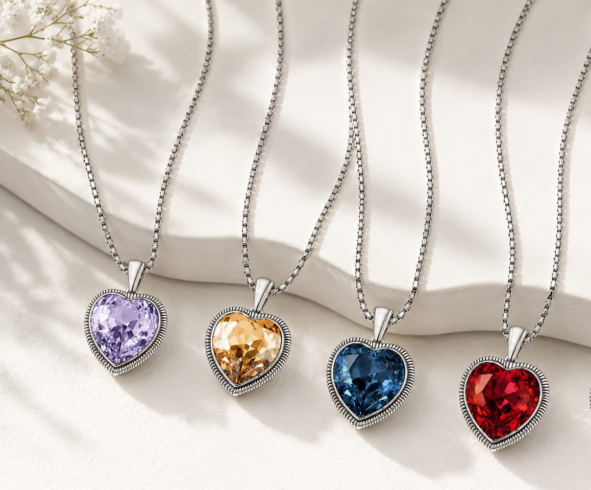 Four heart-shaped pendant necklaces with silver-toned chains and bezel settings, each holding a different colored gemstone (lavender, yellow, blue, and  red ruby), arranged on a white ceramic surface with soft floral accents.