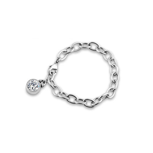 A Miglio silver City Chic bracelet with a circular charm featuring a Swarovski crystal, displayed against a white background.