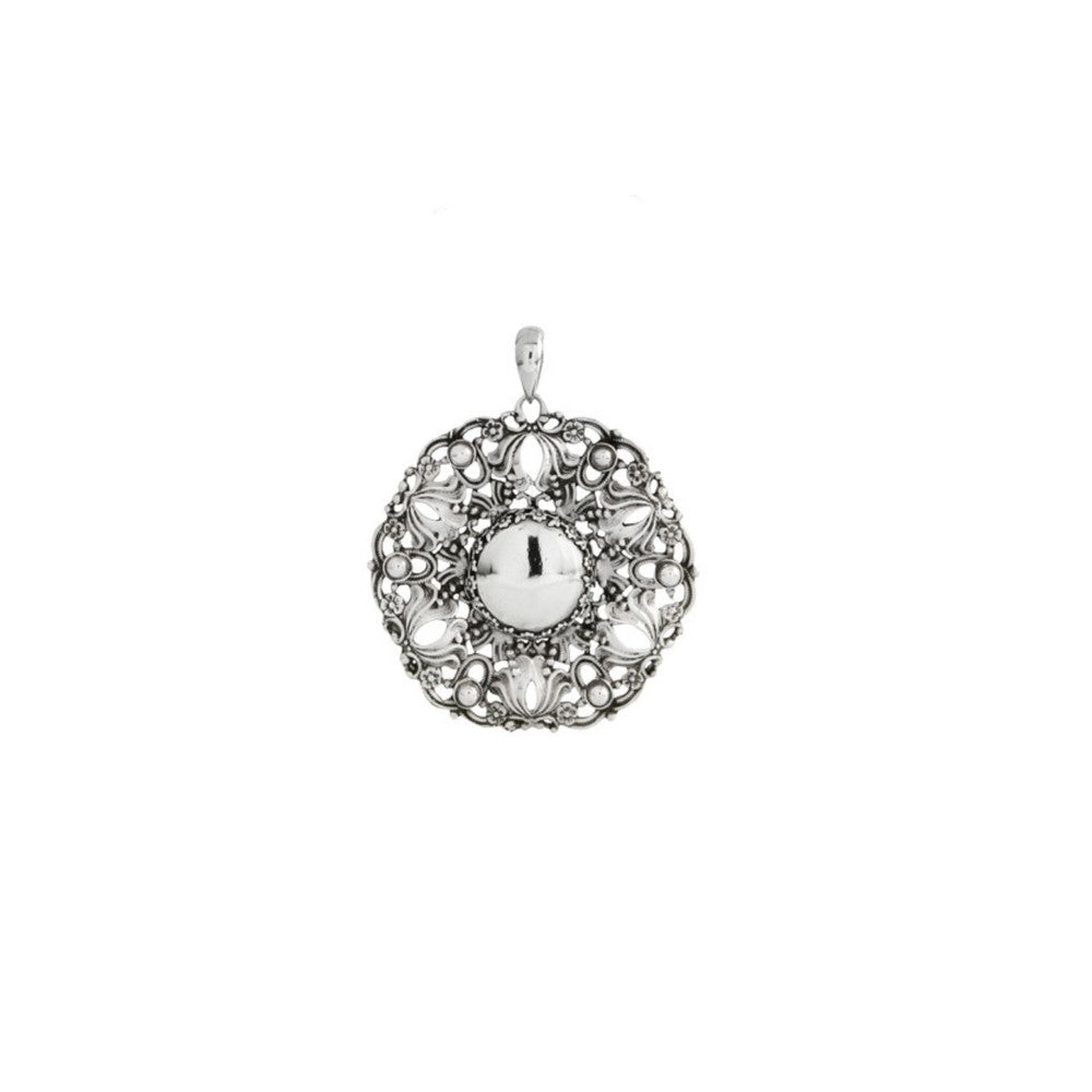 Silver circular Victoria Pendant with a softly oxidised silver finish and an intricate design on a white background
