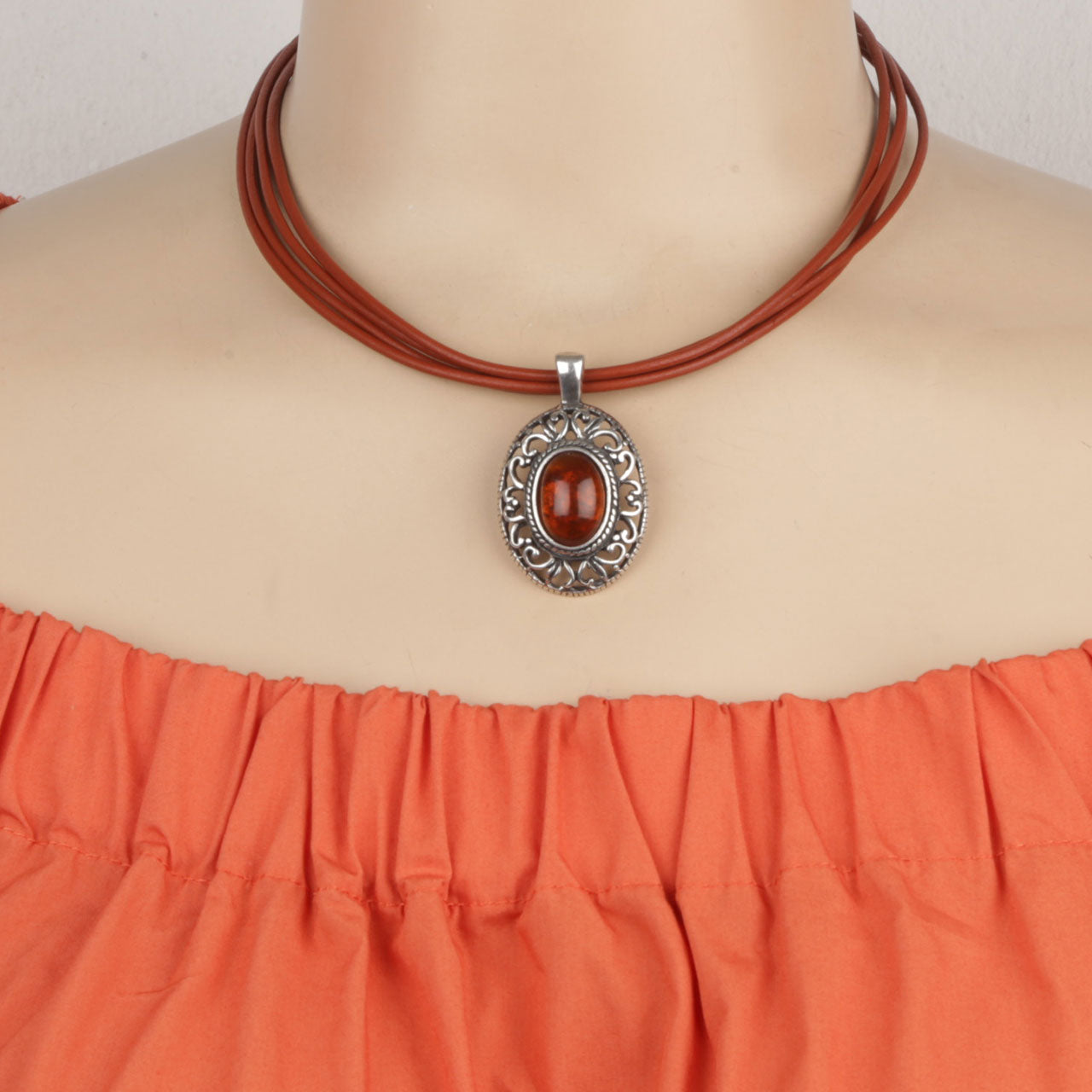 Burnt Orange Leather Necklace. N124