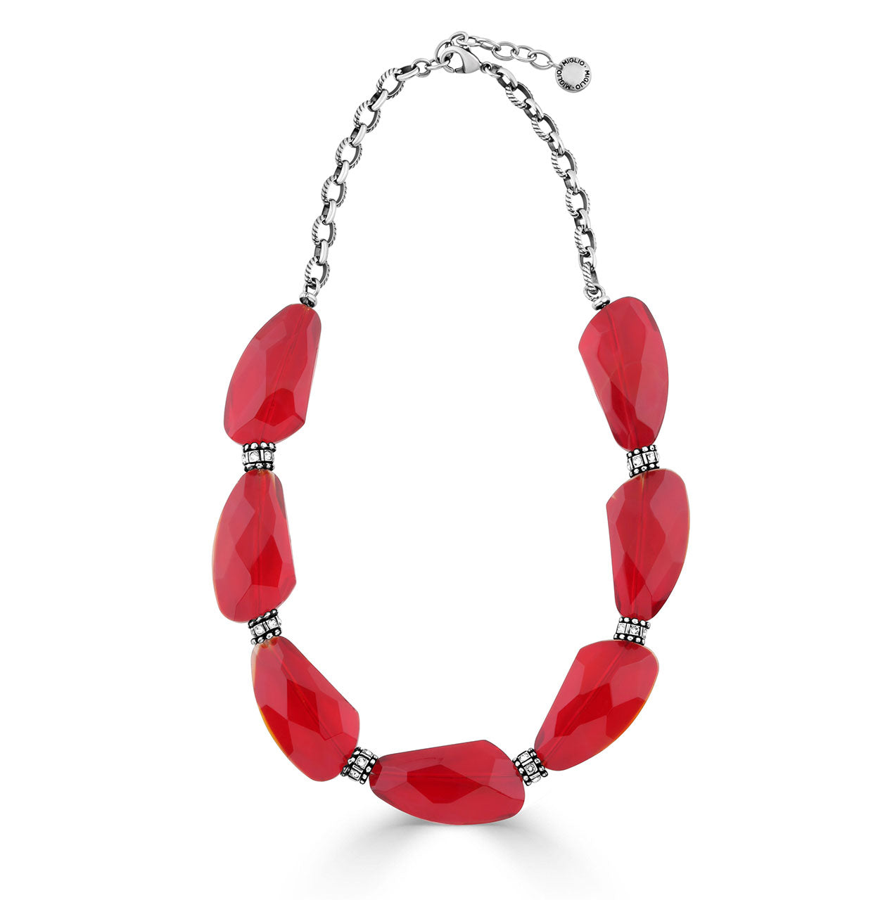 Necklace with red beads and silver chain on a white background