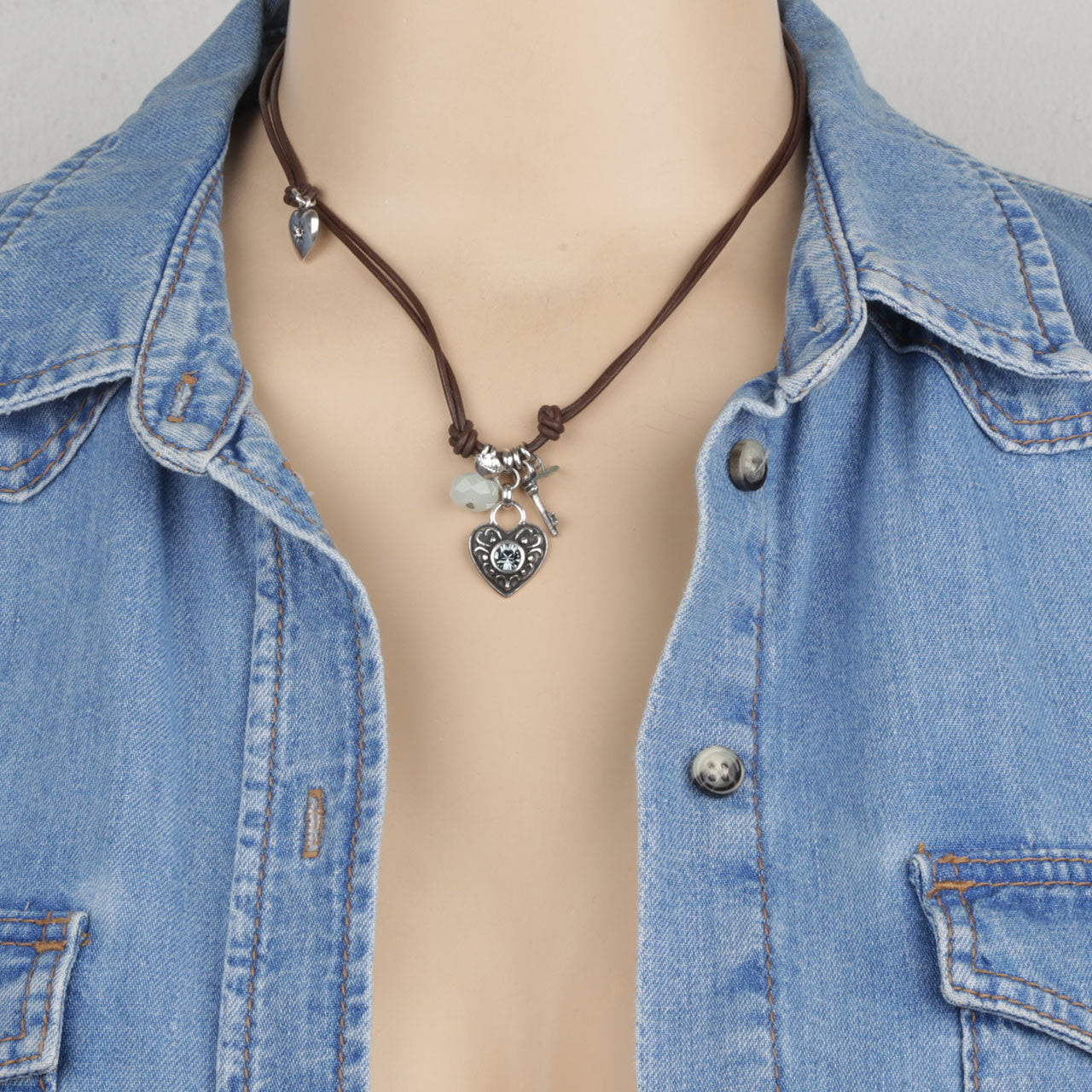 Blue Crystal Charm Leather Necklace. N206
