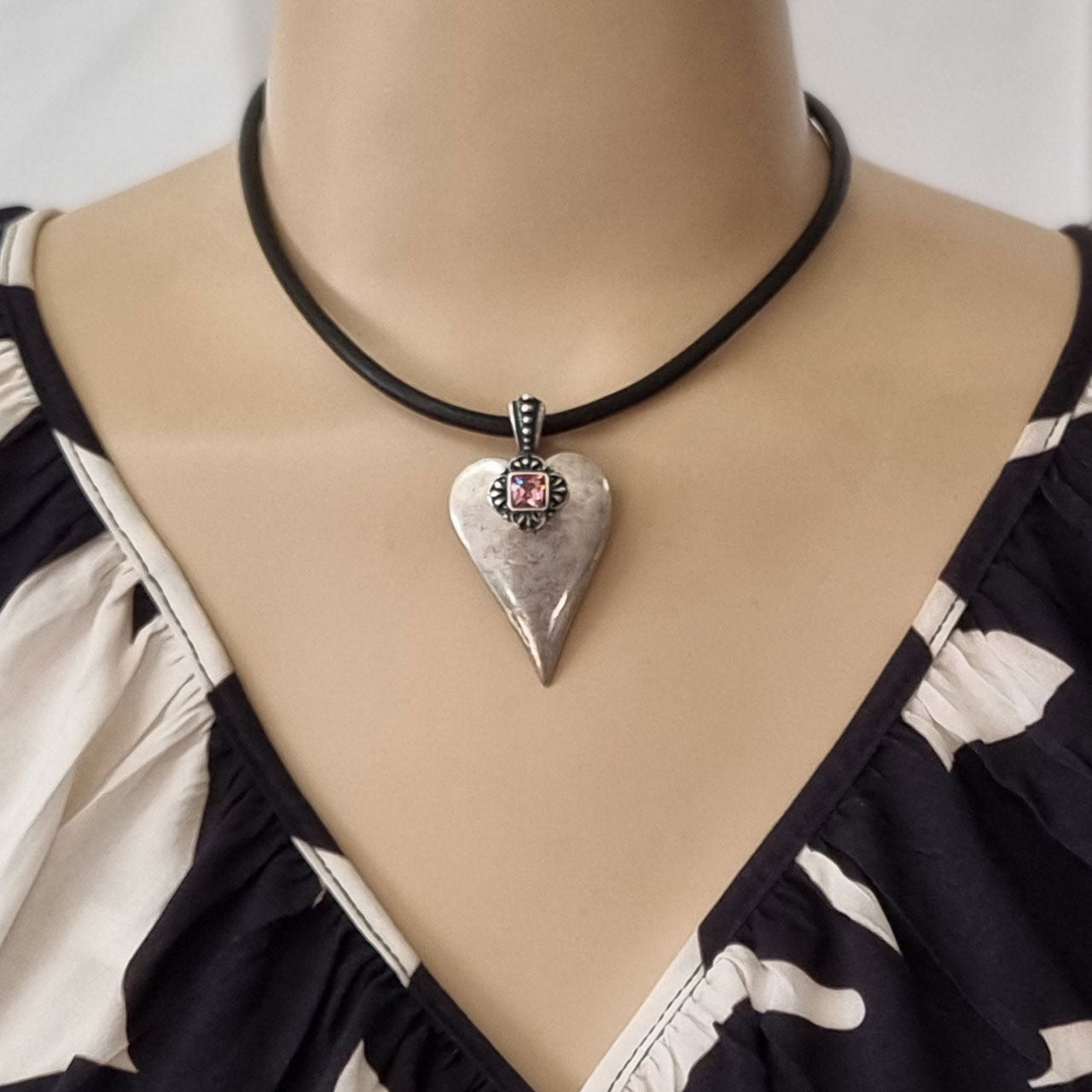 Black Leather Necklace with 6mm Antique Pink Swarovski Pendant. N2414