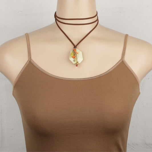 Brown Suede Butter Jade Coral Necklace. N868