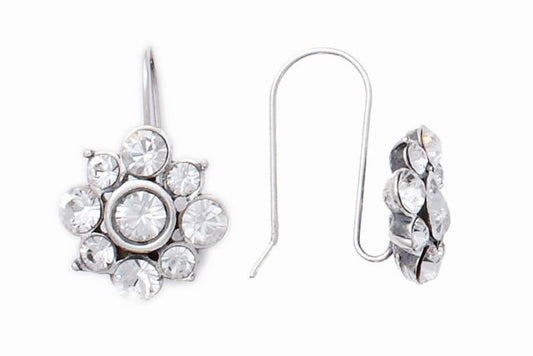 Silver cluster crystal flower earrings with clear gemstones on a white background