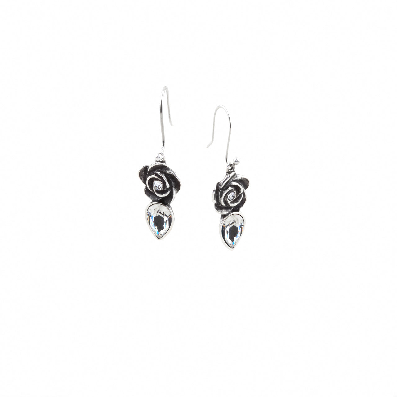 Full-blown rose and classic Swarovski crystal teardrop French wire earrings.