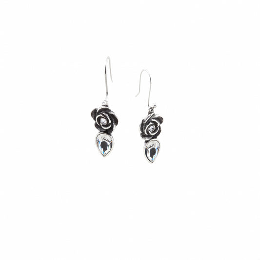 Full-blown rose and classic Swarovski crystal teardrop French wire earrings.