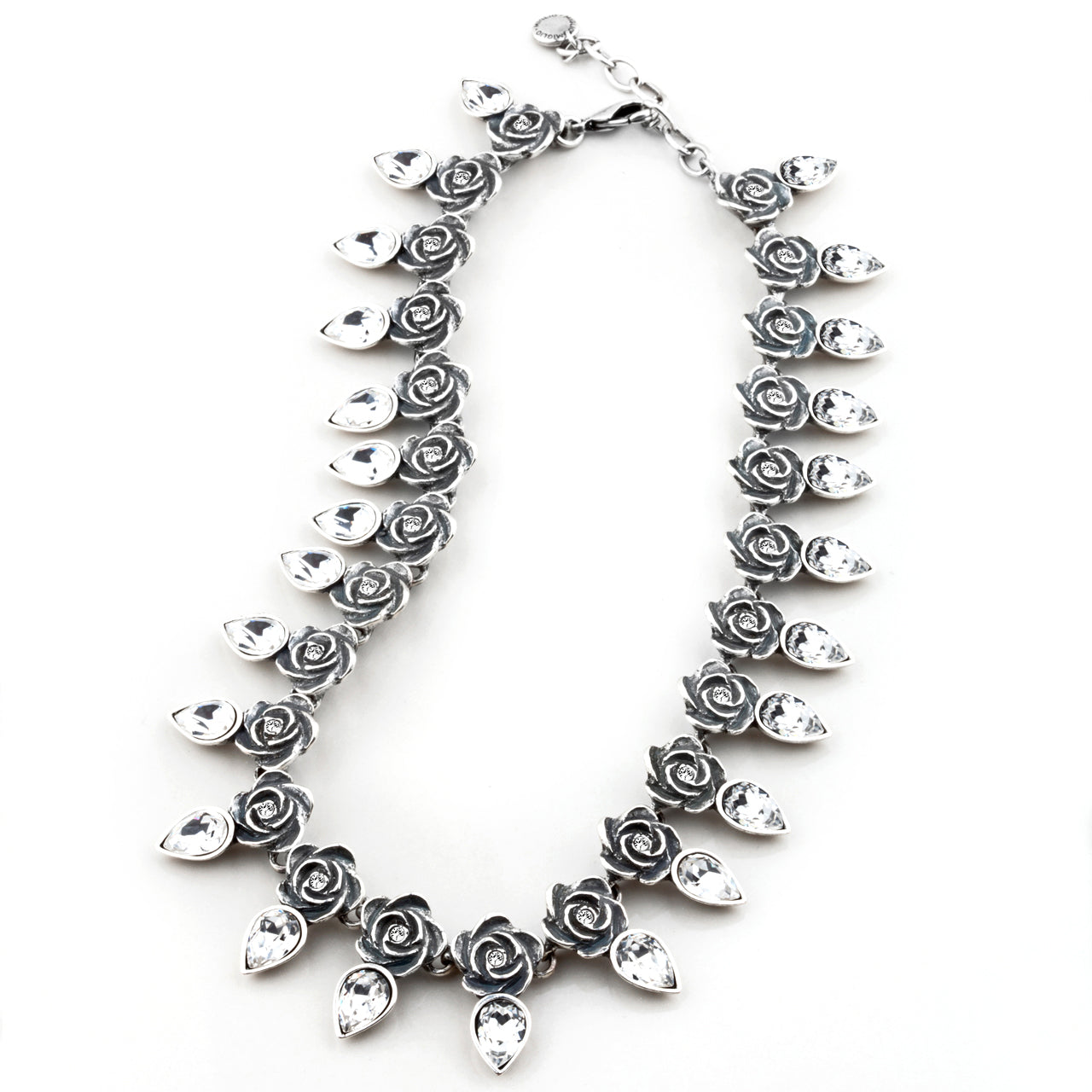 Full-blown rose and classic Swarovski crystal teardrop necklace- 40cm plus extender
