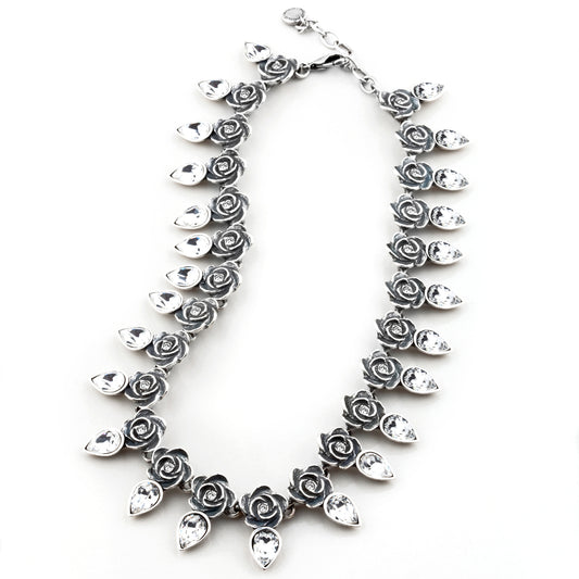 Full-blown rose and classic Swarovski crystal teardrop necklace- 40cm plus extender